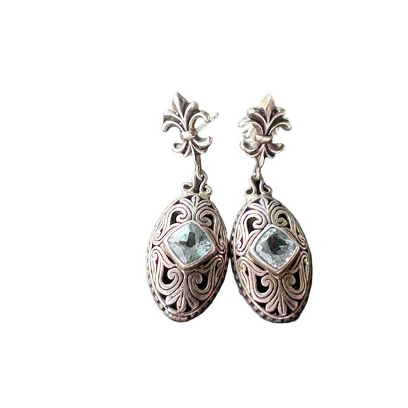 New Sterling Silver and Fleur-de-lis Blue Topaz  Dangle Drop Earrings - Picture 4 of 8